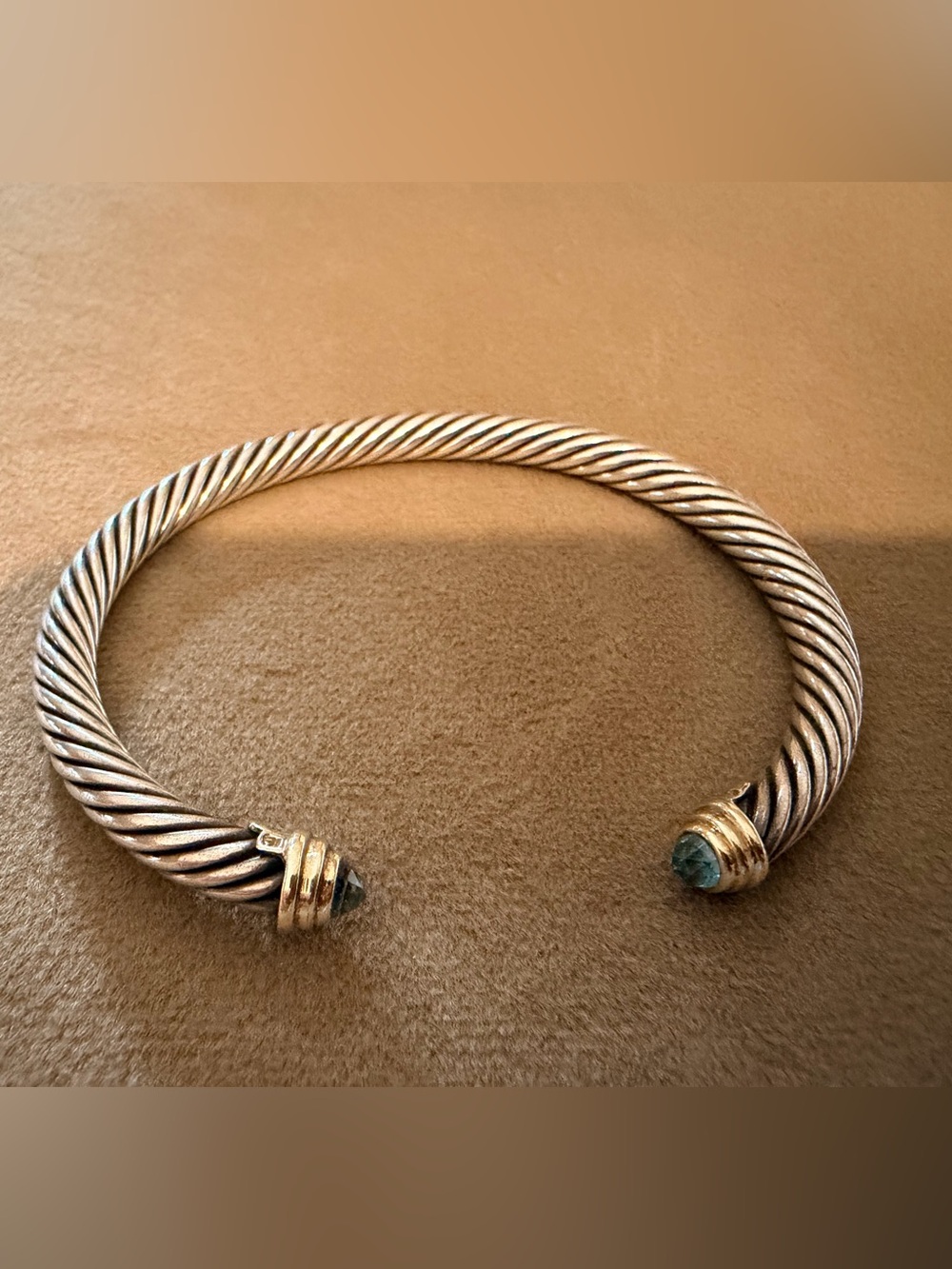 David Yurman Silver Twisted Cable Cuff with Gold Ends and Blue-Green Gem Tips